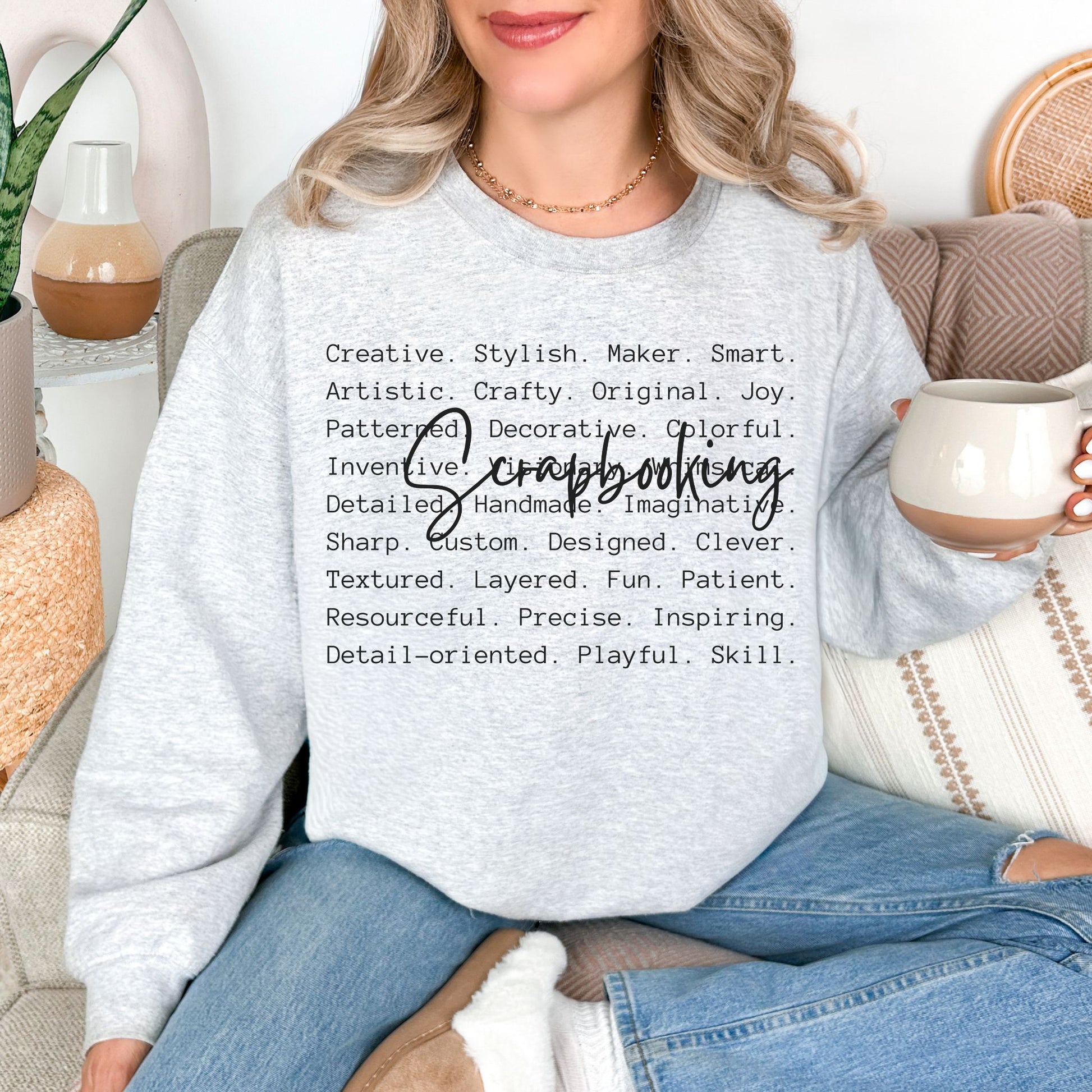 "Scrapbooking Words" graphic on very light gray (ash) Sweatshirt.