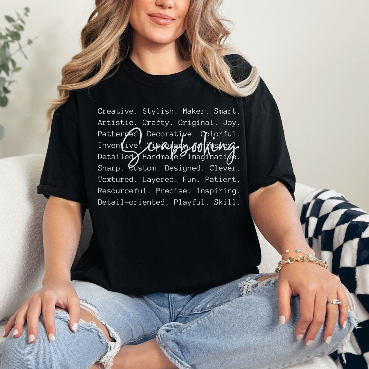 "Scrapbooking Words" graphic on a black t-shirt.