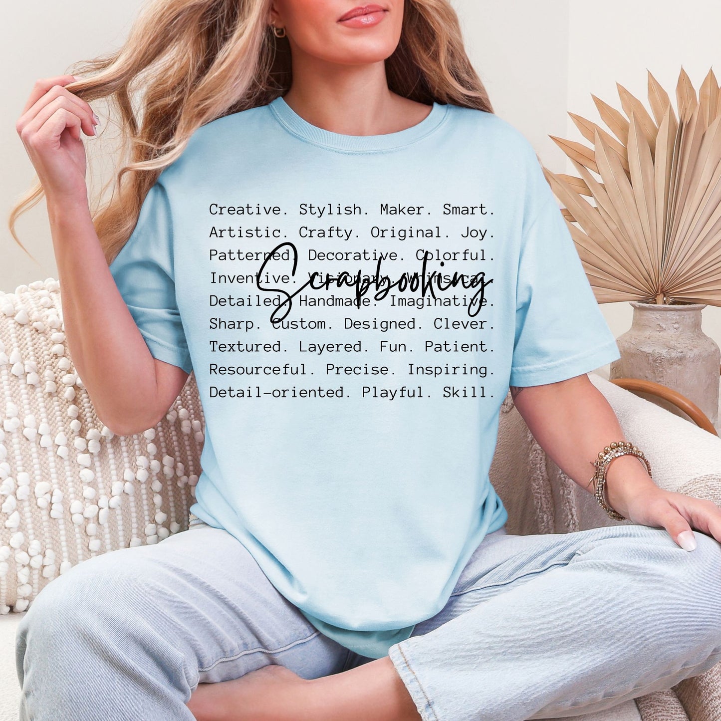 "Scrapbooking Words" graphic on soft medium blue (chambray) t-shirt.