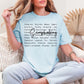 "Scrapbooking Words" graphic on soft medium blue (chambray) t-shirt.