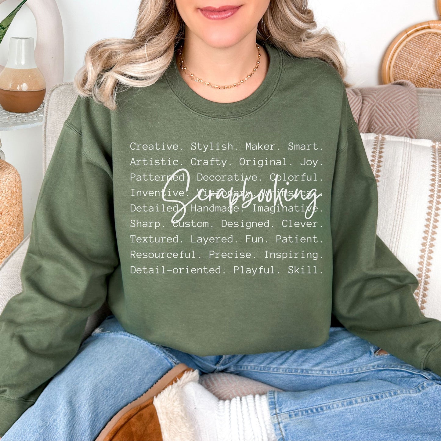 "Scrapbooking Words" graphic on muted olive green (military green) Sweatshirt.