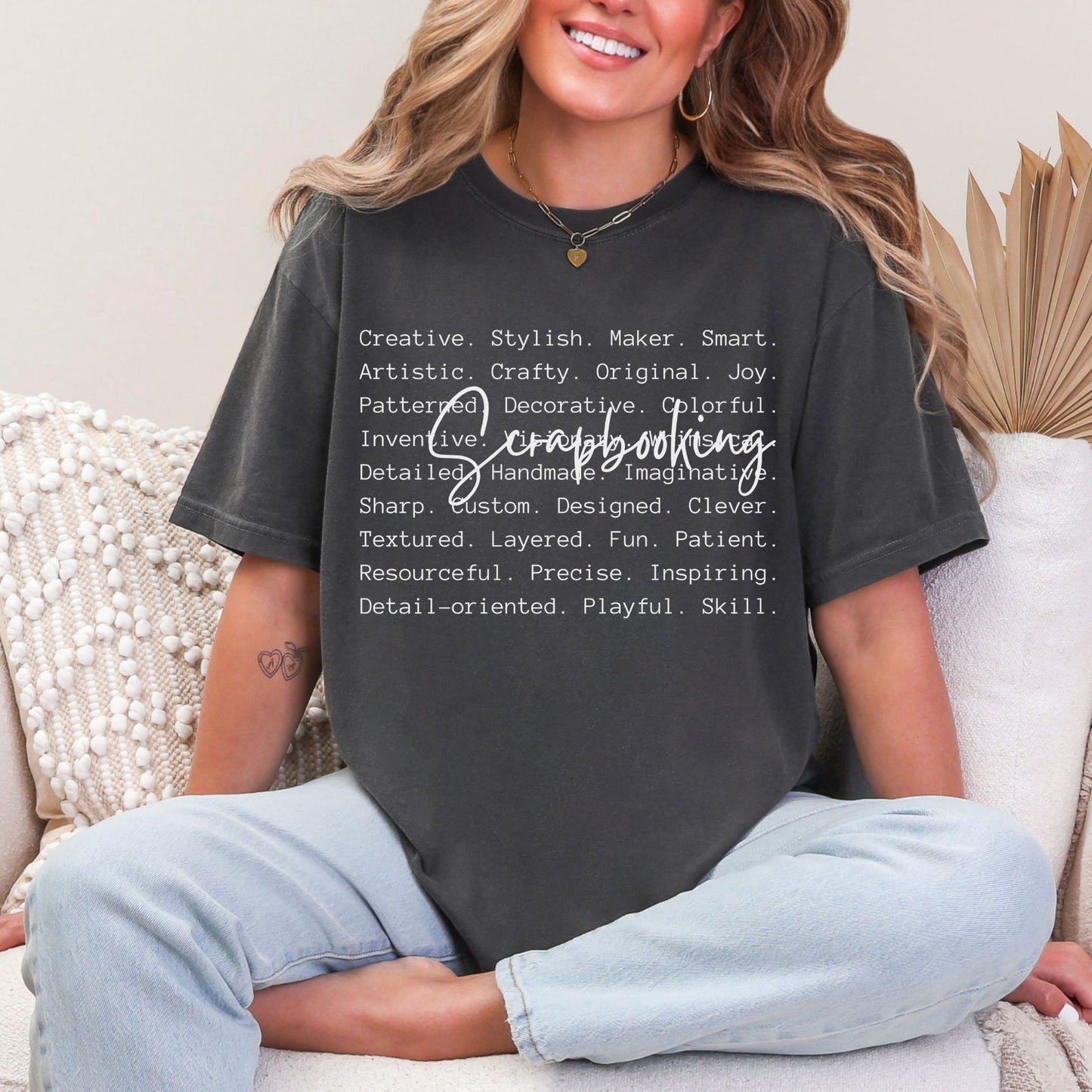 "Scrapbooking Words" graphic on dark charcoal gray (pepper) t-shirt.