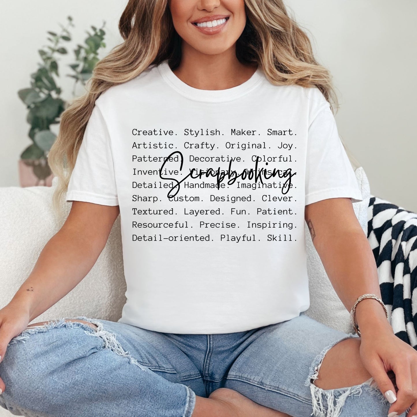 "Scrapbooking Words" graphic on bright white (white) t-shirt.