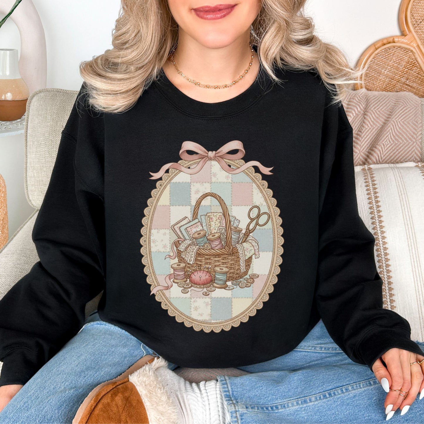 "Sewing Basket Vintage Coquette" graphic on very black (black) Sweatshirt.