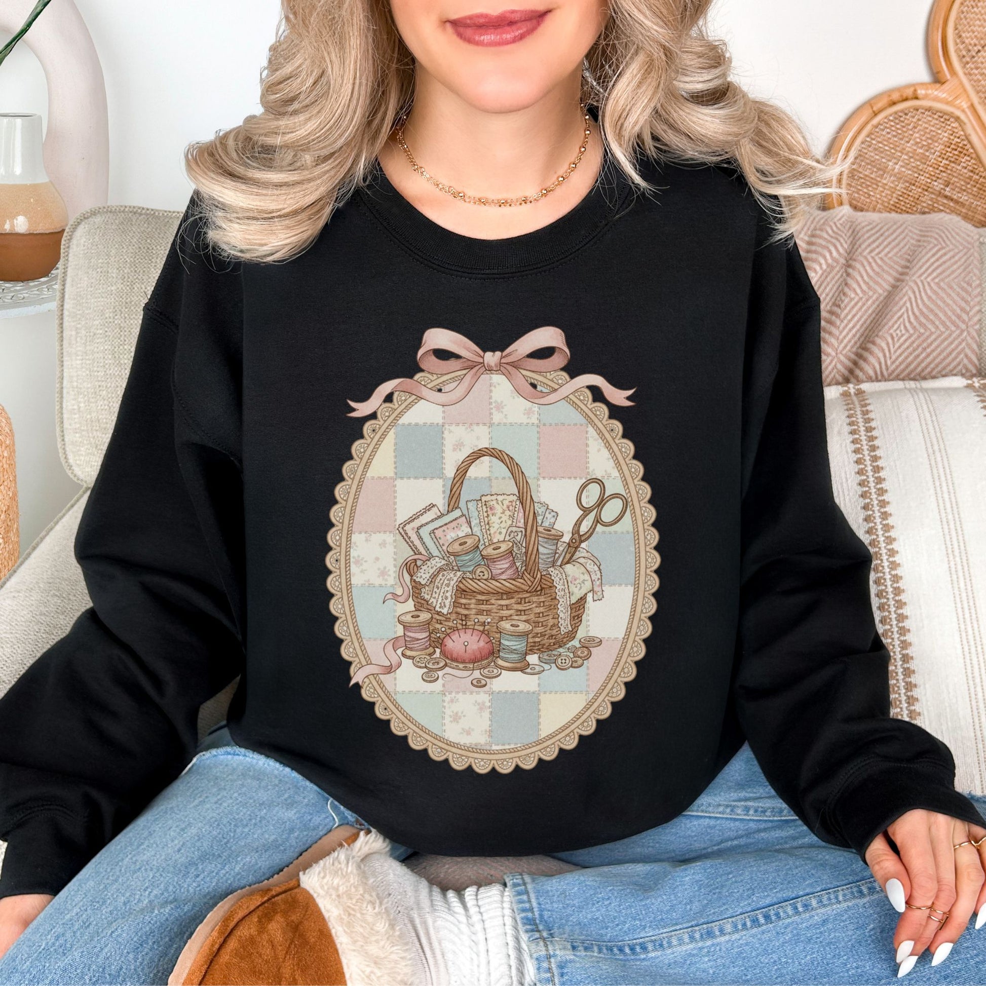 "Sewing Basket Vintage Coquette" graphic on very black (black) Sweatshirt.