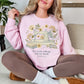"Sewing she works willingly" graphic on soft pale pink (light pink) sweatshirt.