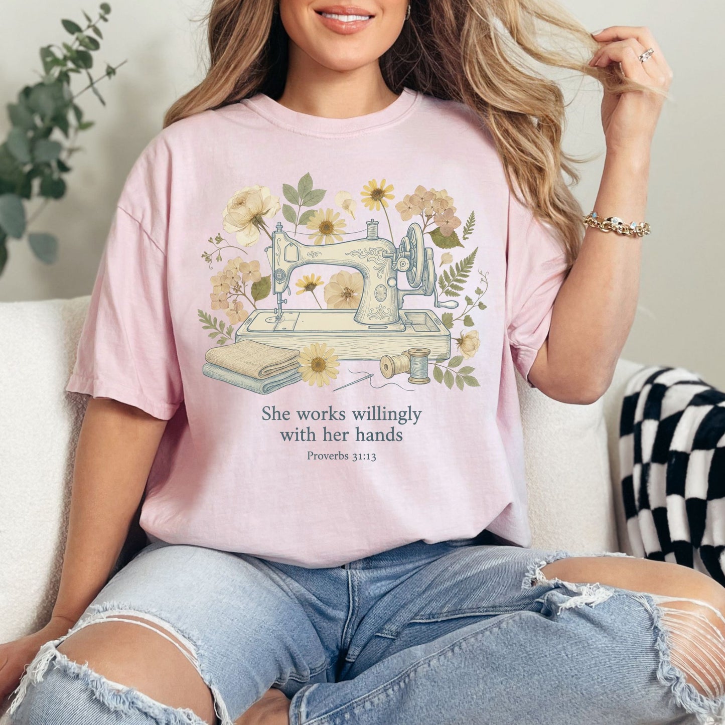 "Sewing She Works Willingly" on soft pink (blossom) T- Shirt.