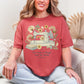 "Sewing She Works Willingly" on warm muted tan-brown T- Shirt.