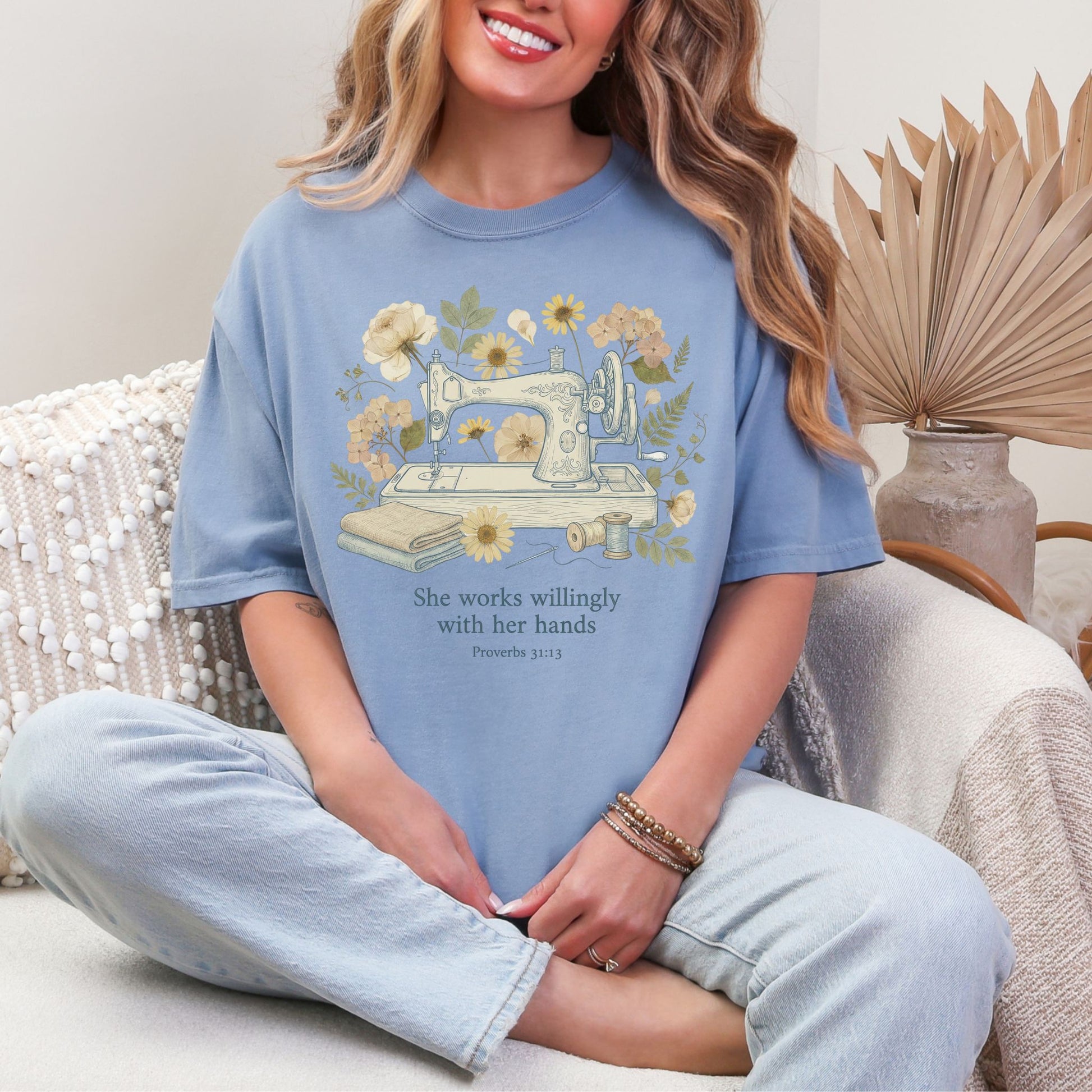 "Sewing She Works Willingly" on muted denim blue (blue jean) T- Shirt.