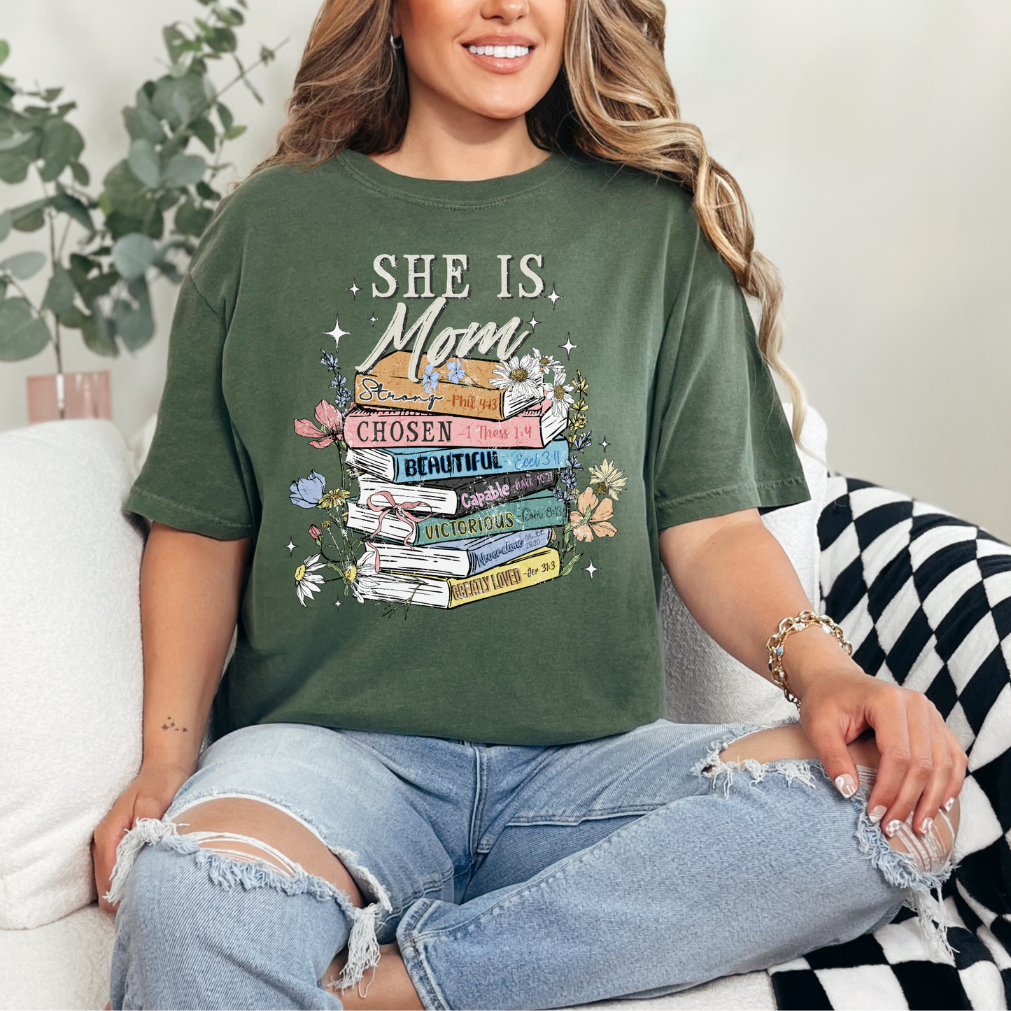 "She is Mom" graphic on light earthy beige (hemp) T-Shirt.