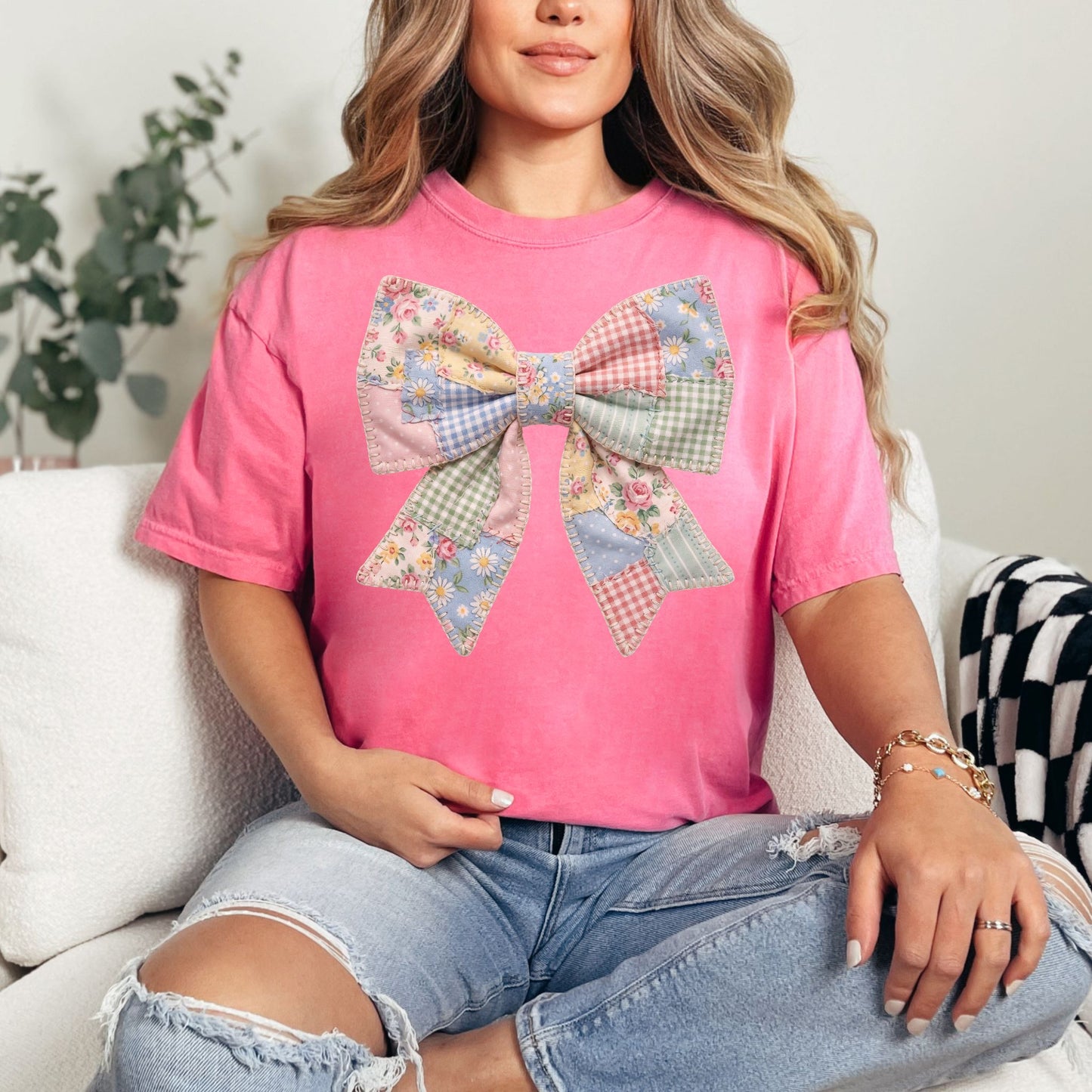"Spring Faux Patchwork Bow" graphic on bright raspberry pink (crunchberry) T-Shirt.