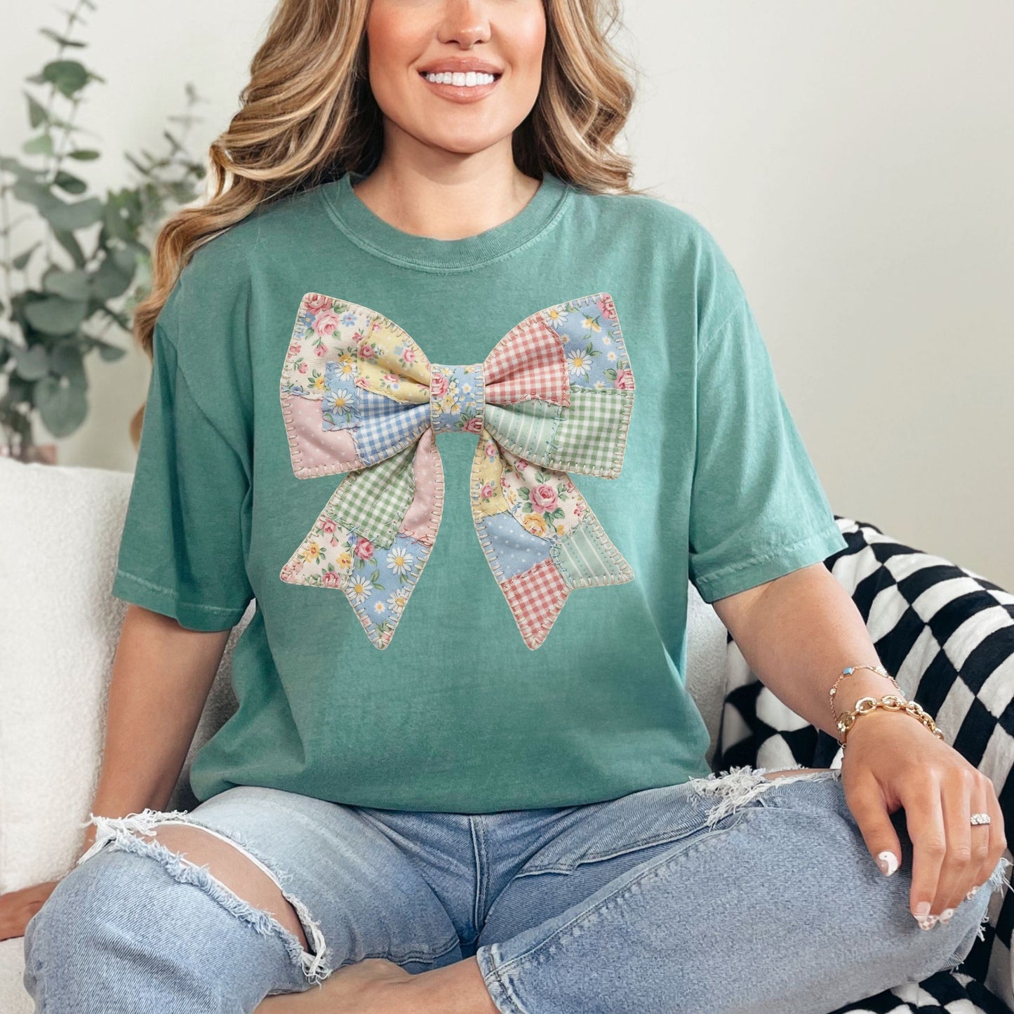 "Spring Faux Patchwork Bow" graphic on soft light green (light green) T-Shirt.