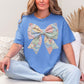 "Spring Faux Patchwork Bow" graphic on muted blue-green (mystic blue) T-Shirt.