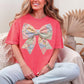 "Spring Faux Patchwork Bow" graphic on bright coral pink (watermelon) T-Shirt.