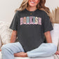 “Spring Floral Bookish Mama" graphic on dark charcoal gray (pepper) t-shirt.