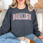 “Spring Floral Bookish Mama" graphic on deep heather gray (dark heather) Sweatshirt.