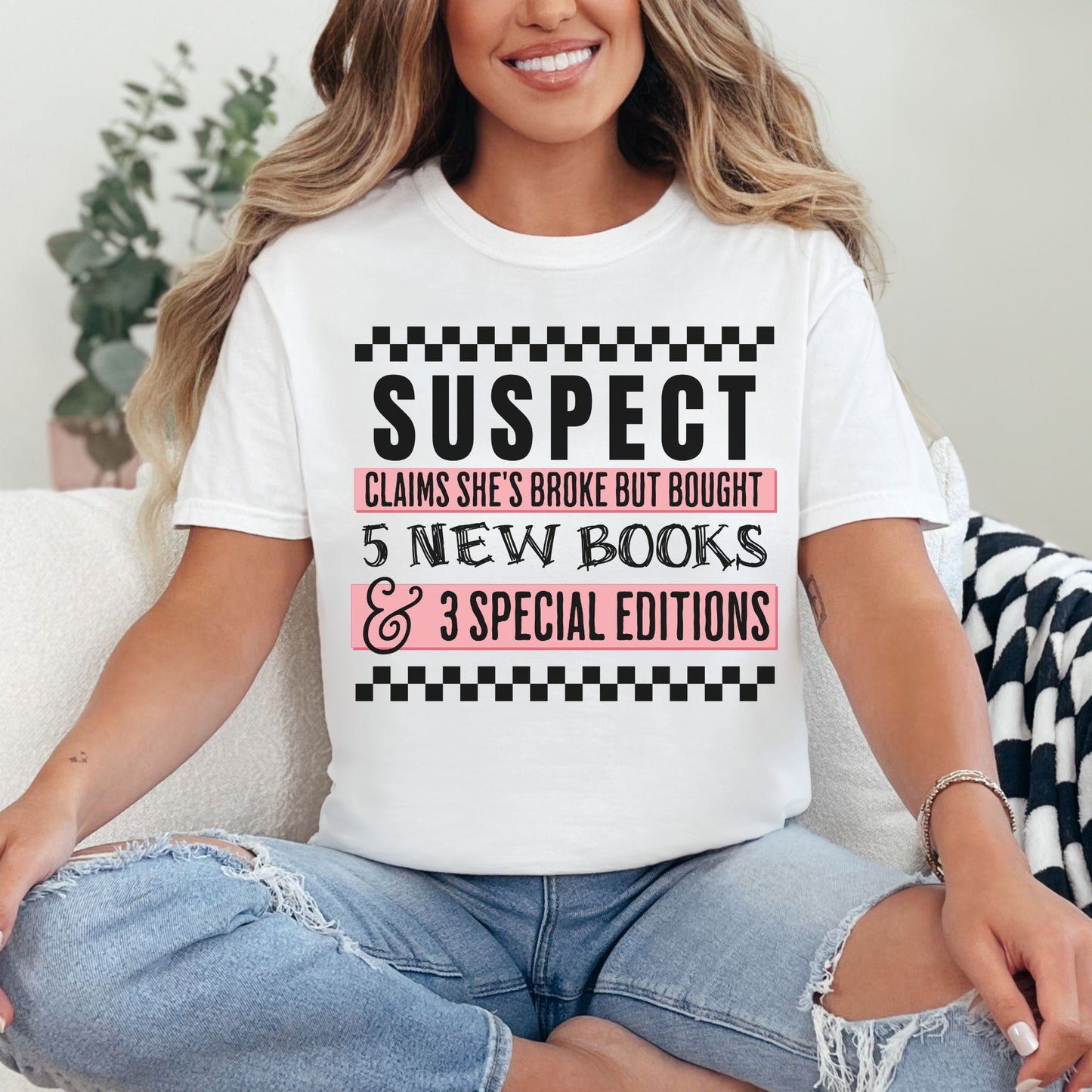 "Suspect Claims She's broke" in bright white (white)