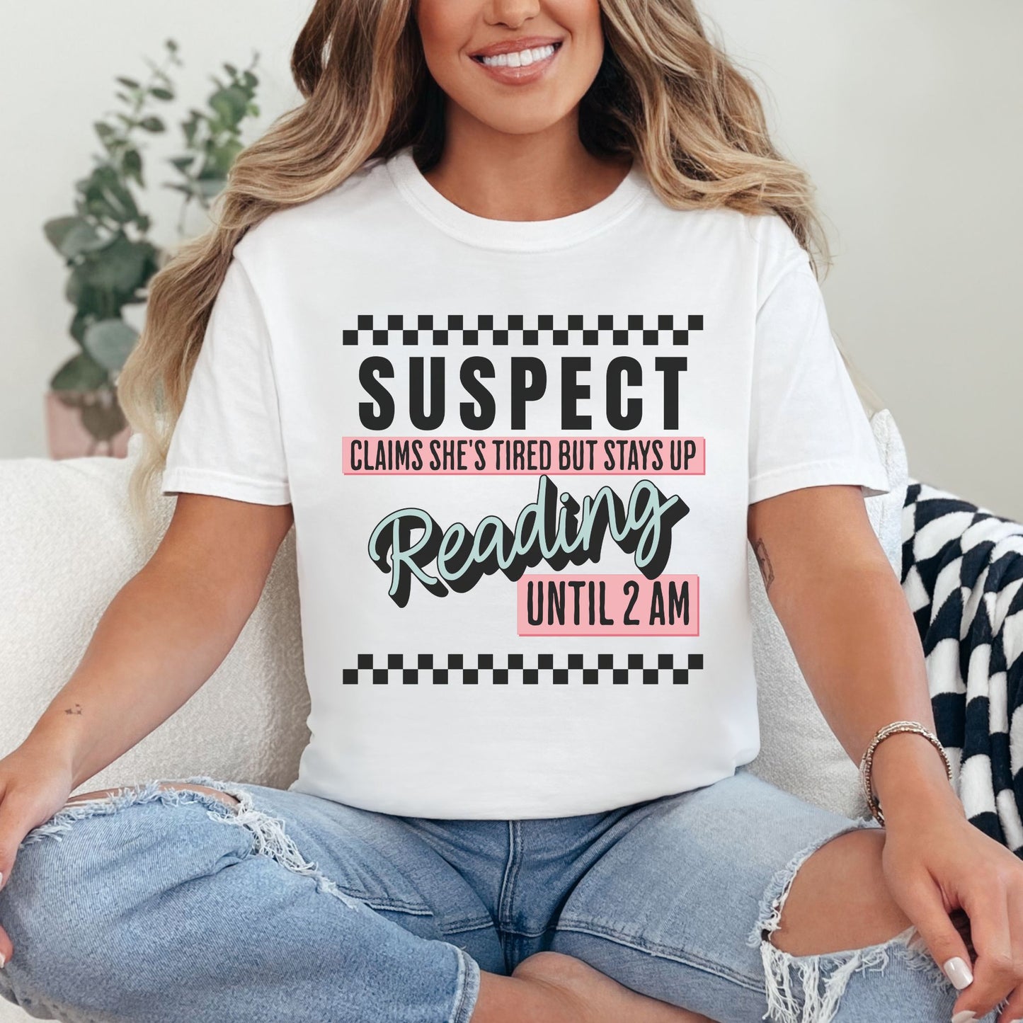 "Suspect Claims she's Tired" in bright white (white)