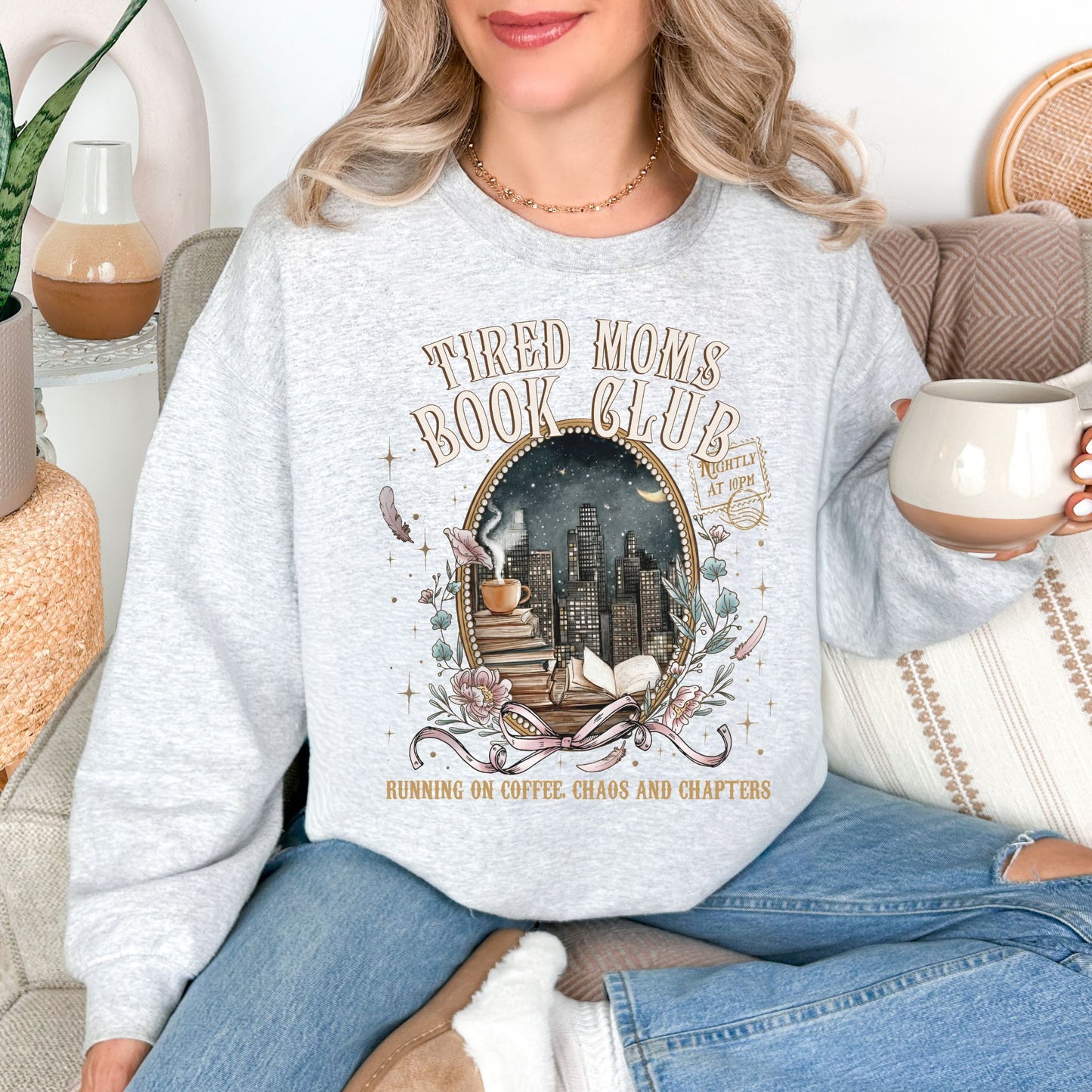 "Tired Moms Book Club" graphic on very light gray (ash) sweatshirt