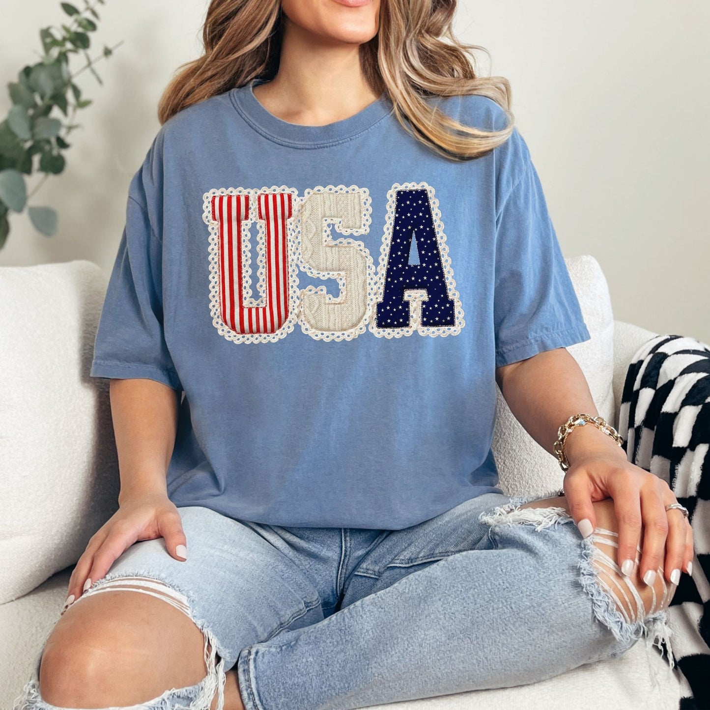 "USA Patriotic Shirt" graphic on muted denim blue (blue jean) t-shirt.