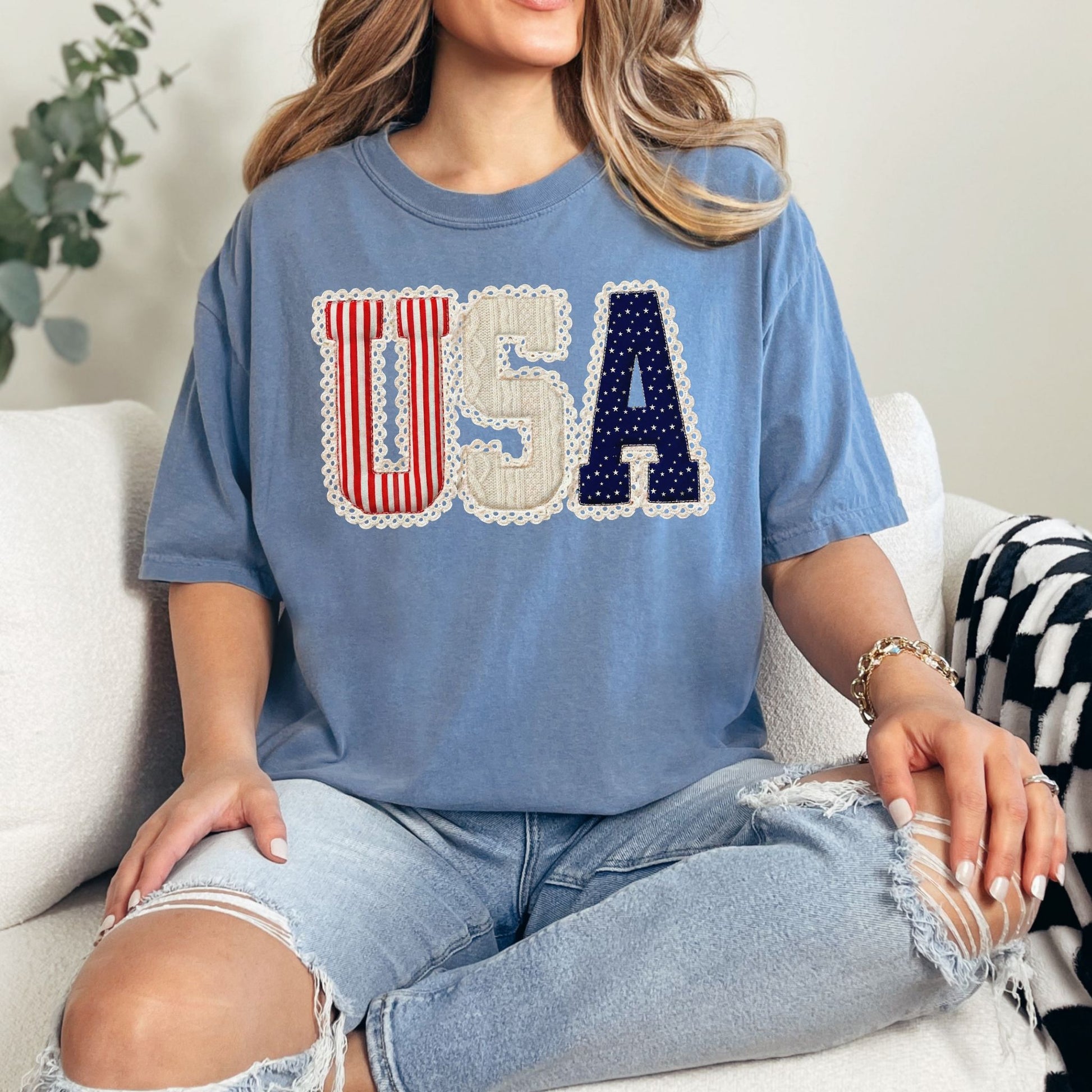 "USA Patriotic Shirt" graphic on muted denim blue (blue jean) t-shirt.