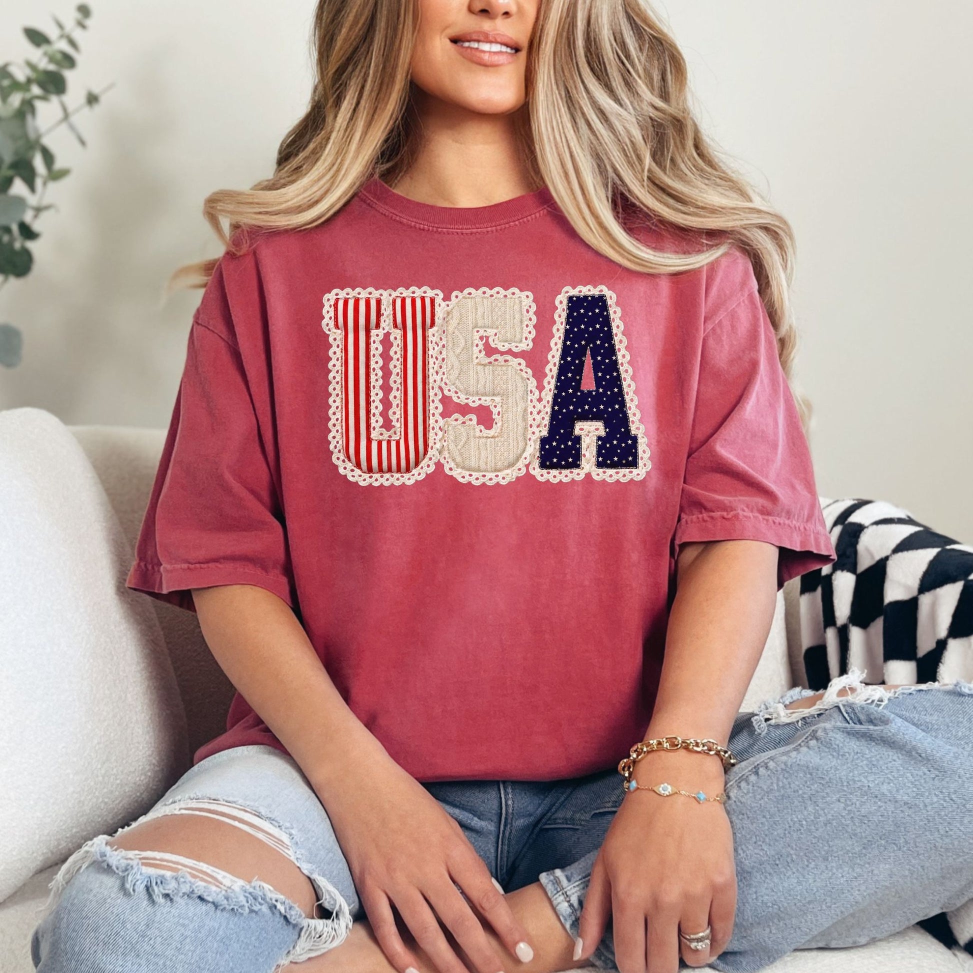 "USA Patriotic Shirt" graphic on deep muted red (crimson) t-shirt.