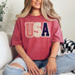 "USA Patriotic Shirt" graphic on deep muted red (crimson) t-shirt.