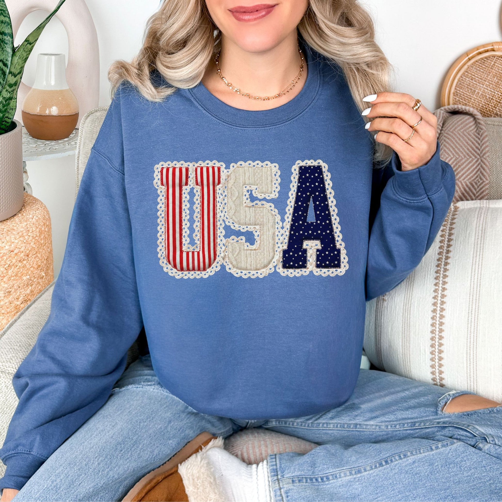 "USA Patriotic Shirt" graphic on deep muted blue (indigo blue) sweatshirt.