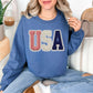 "USA Patriotic Shirt" graphic on deep muted blue (indigo blue) sweatshirt.