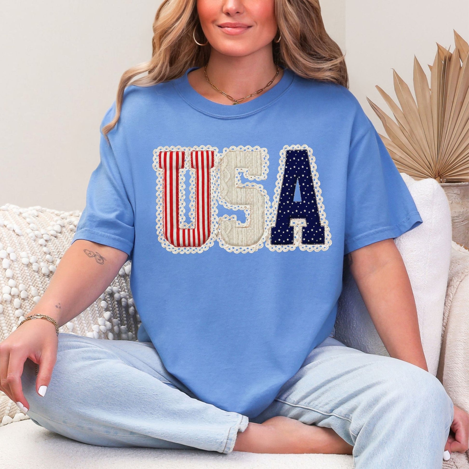 "USA Patriotic Shirt" graphic on muted blue-green (mystic blue) t-shirt.