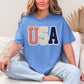 "USA Patriotic Shirt" graphic on muted blue-green (mystic blue) t-shirt.