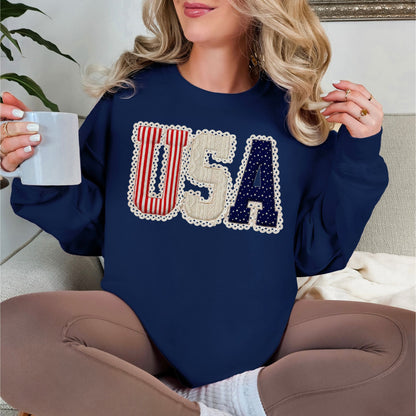 "USA Patriotic Shirt" graphic on dark blue (navy) sweatshirt.
