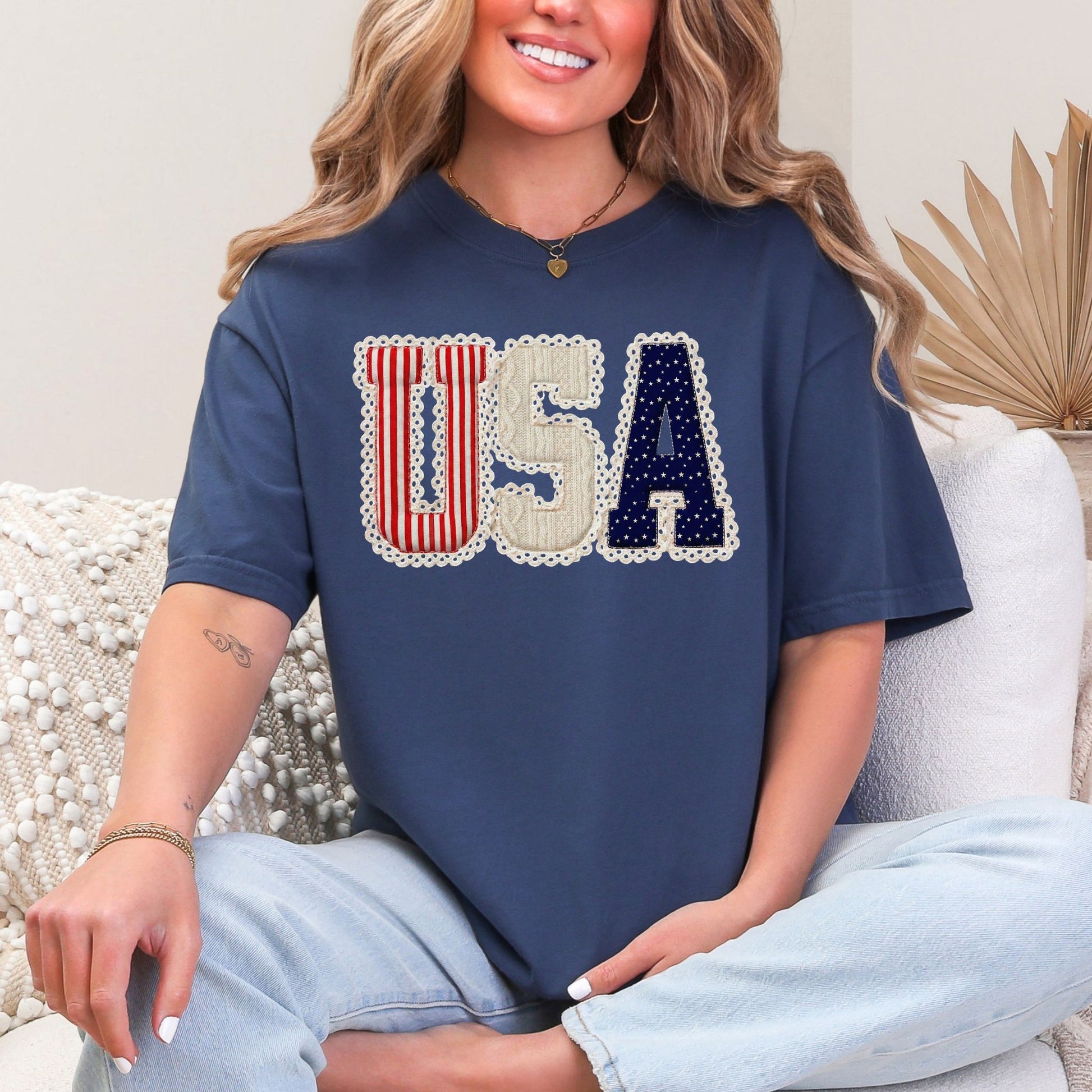 "USA Patriotic Shirt" graphic on deep navy blue (navy) t-shirt.