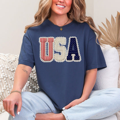"USA Patriotic Shirt" graphic on deep navy blue (navy) t-shirt.