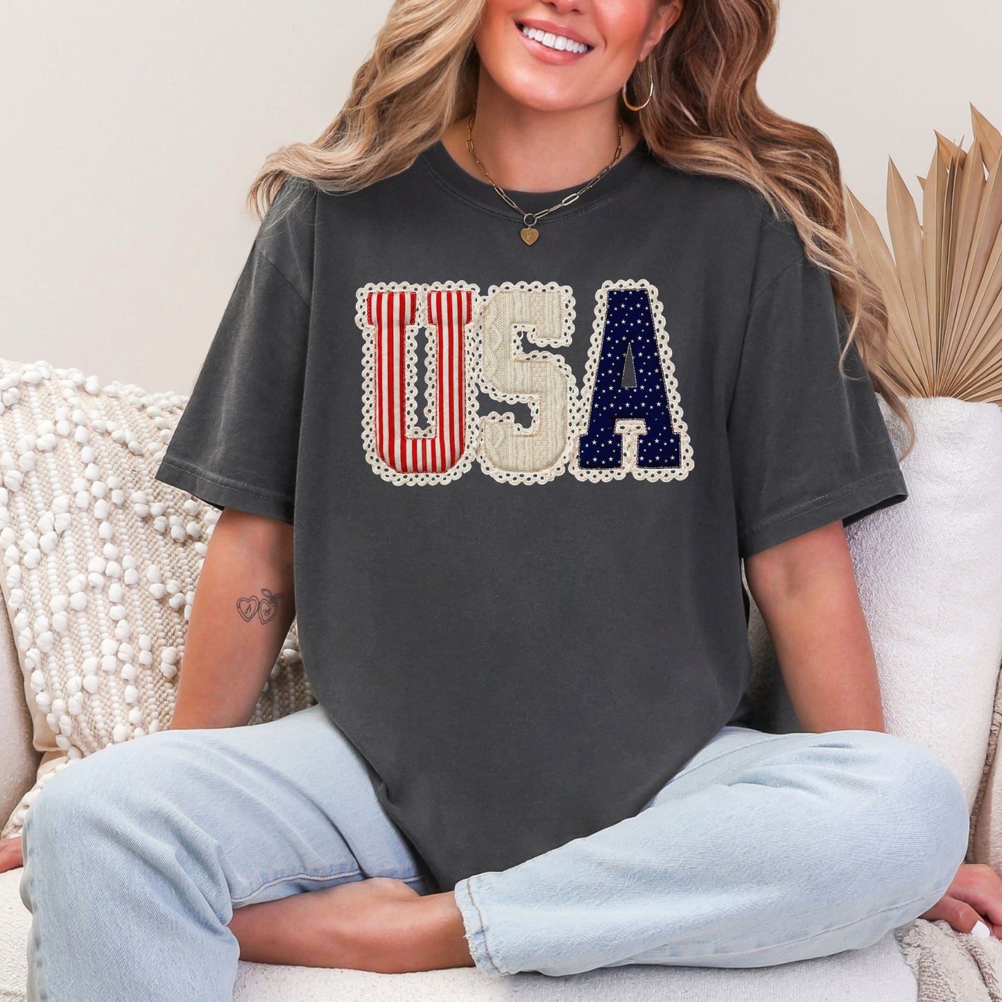 "USA Patriotic Shirt" graphic on dark charcoal gray (pepper) t-shirt.