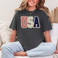 "USA Patriotic Shirt" graphic on dark charcoal gray (pepper) t-shirt.