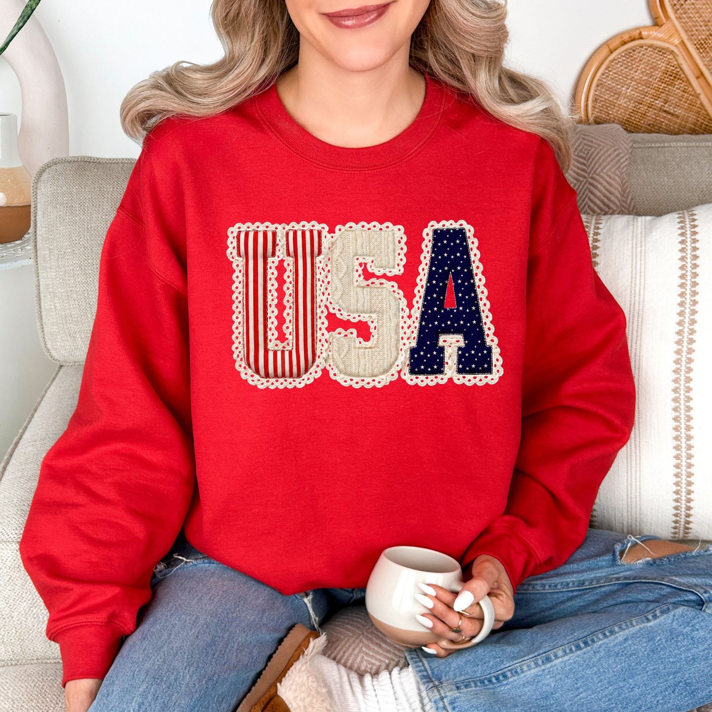 "USA Patriotic Shirt" graphic on true red (red) sweatshirt.