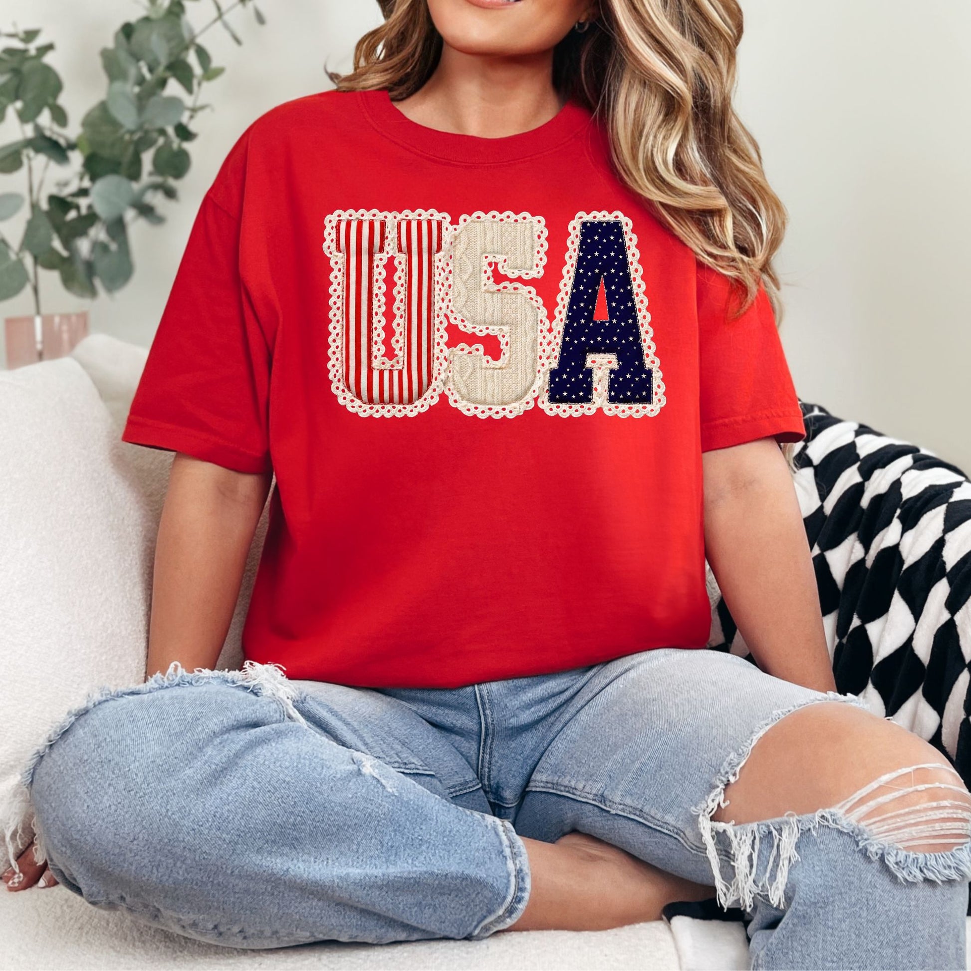 "USA Patriotic Shirt" graphic on classic true red (red) t-shirt.