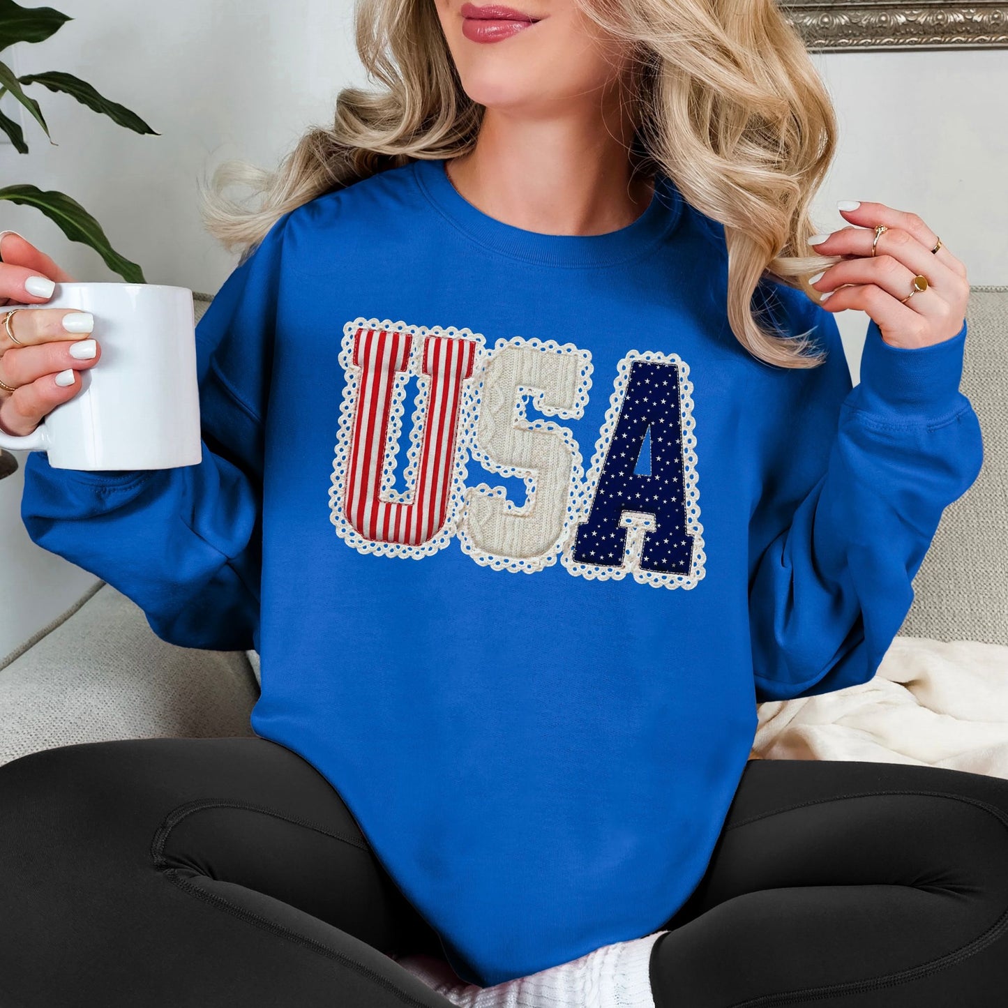 "USA Patriotic Shirt" graphic on bright medium blue (royal blue) sweatshirt.