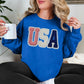 "USA Patriotic Shirt" graphic on bright medium blue (royal blue) sweatshirt.