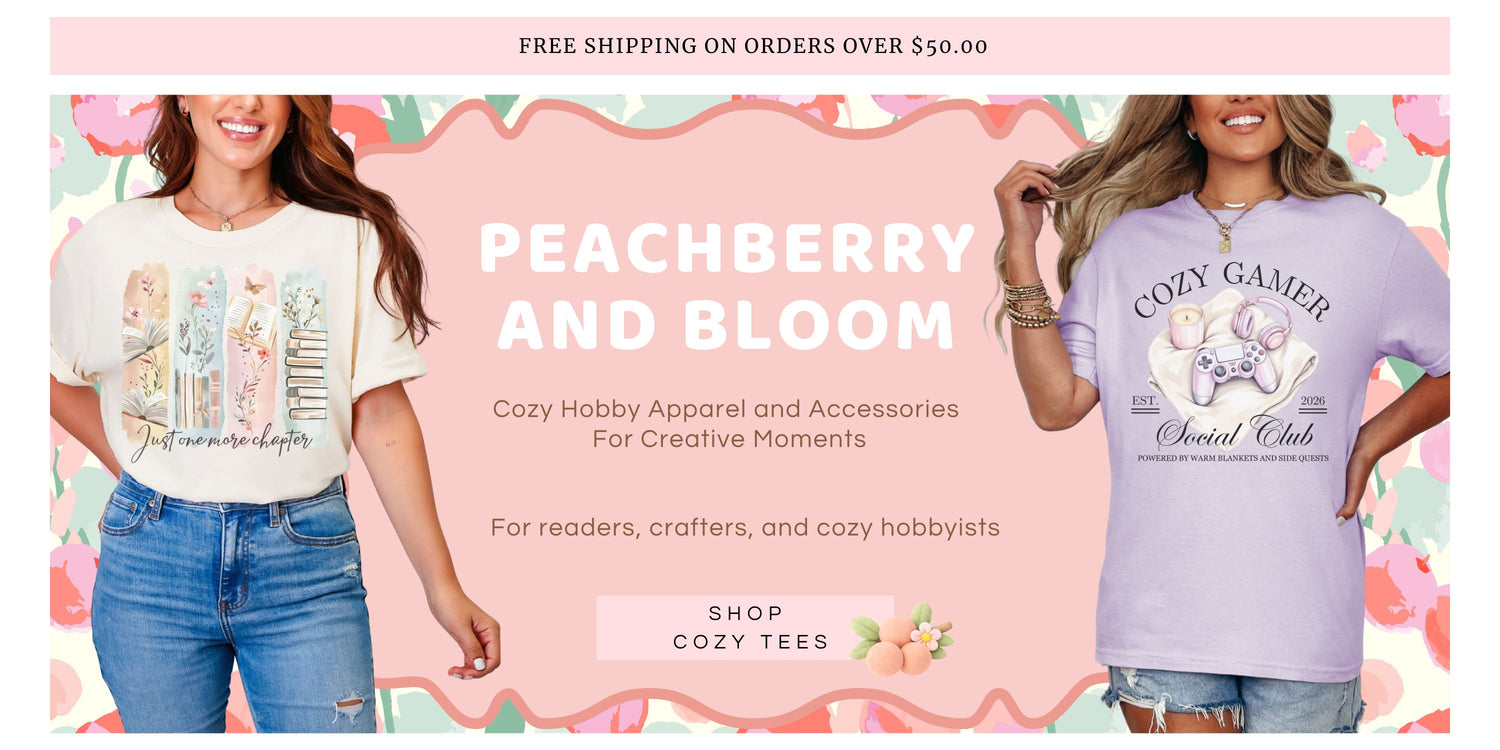 Two women wearing t-shirts with text designs on a promotional banner for Peachberry and Bloom.