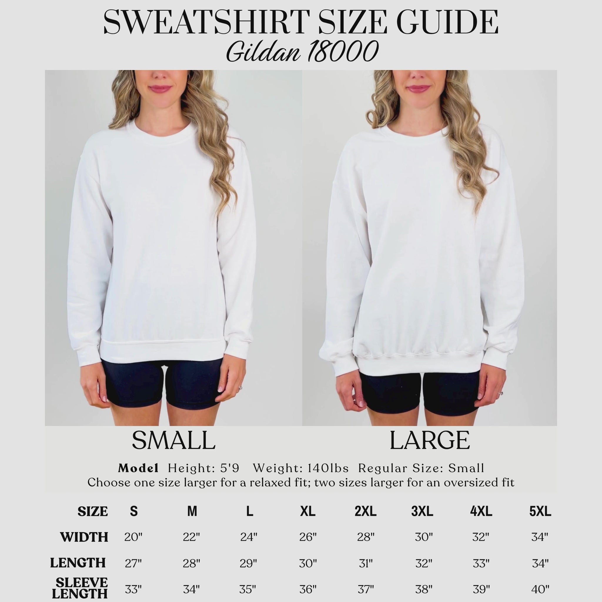 Video showing a Gildan 18000 sweatshirt size guide with a model wearing the sweatshirt, demonstrating fit and proportions. The video highlights sizing across different body types to help visualize fit and scale.