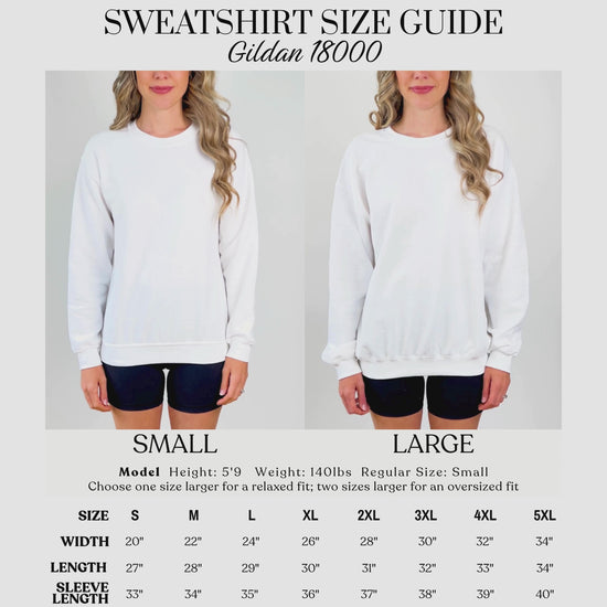 Video showing a Gildan 18000 sweatshirt size guide with a model wearing the sweatshirt, demonstrating fit and proportions. The video highlights sizing across different body types to help visualize fit and scale.