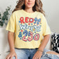 "Red White and 250 Coquette Doodle" graphic on soft yellow (butter) T-Shirt.